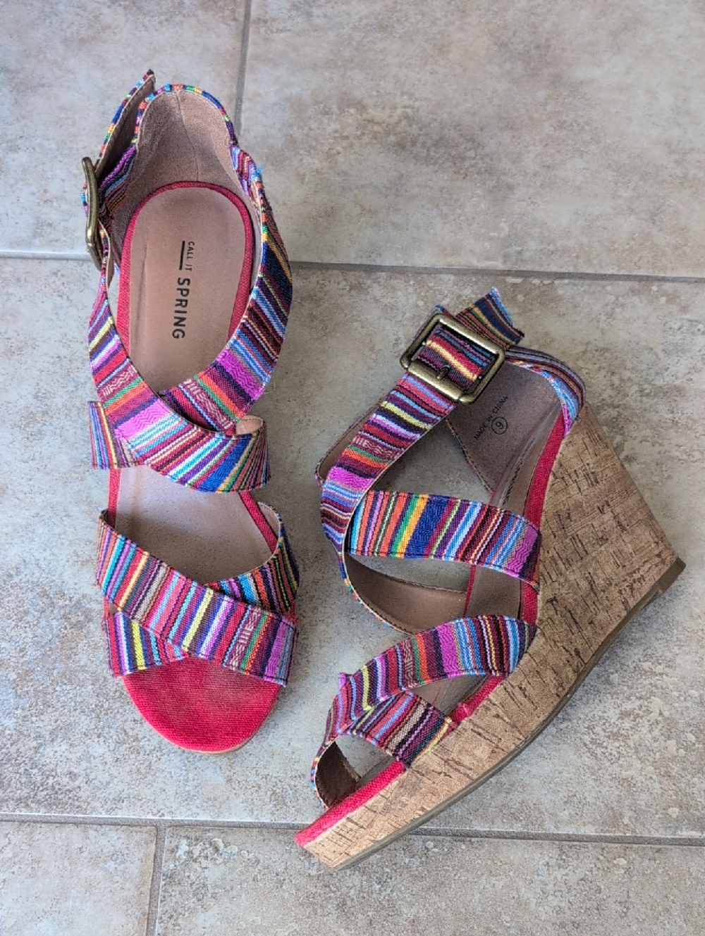 Call It Spring Multicolor Striped Fabric Platform Sandals, Cork Finish Soles